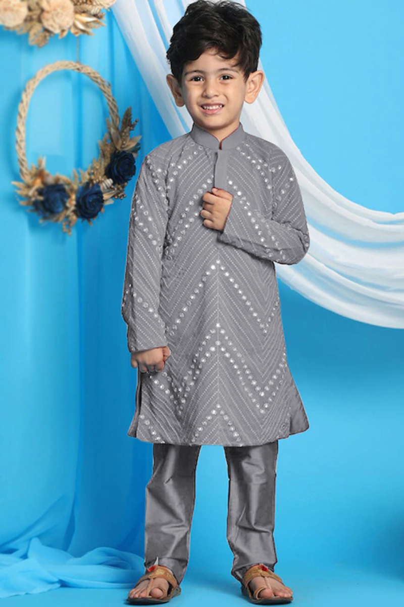 Exclusive Boy's Kurta Pajama in Dark Grey With Faux MIrror Work