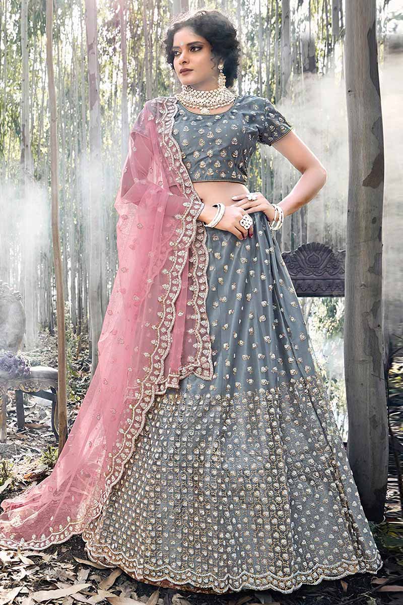 Designer Grey Net Lehenga Choli – Indian Bollywood Wedding Party Wear (Semi-Stitched)