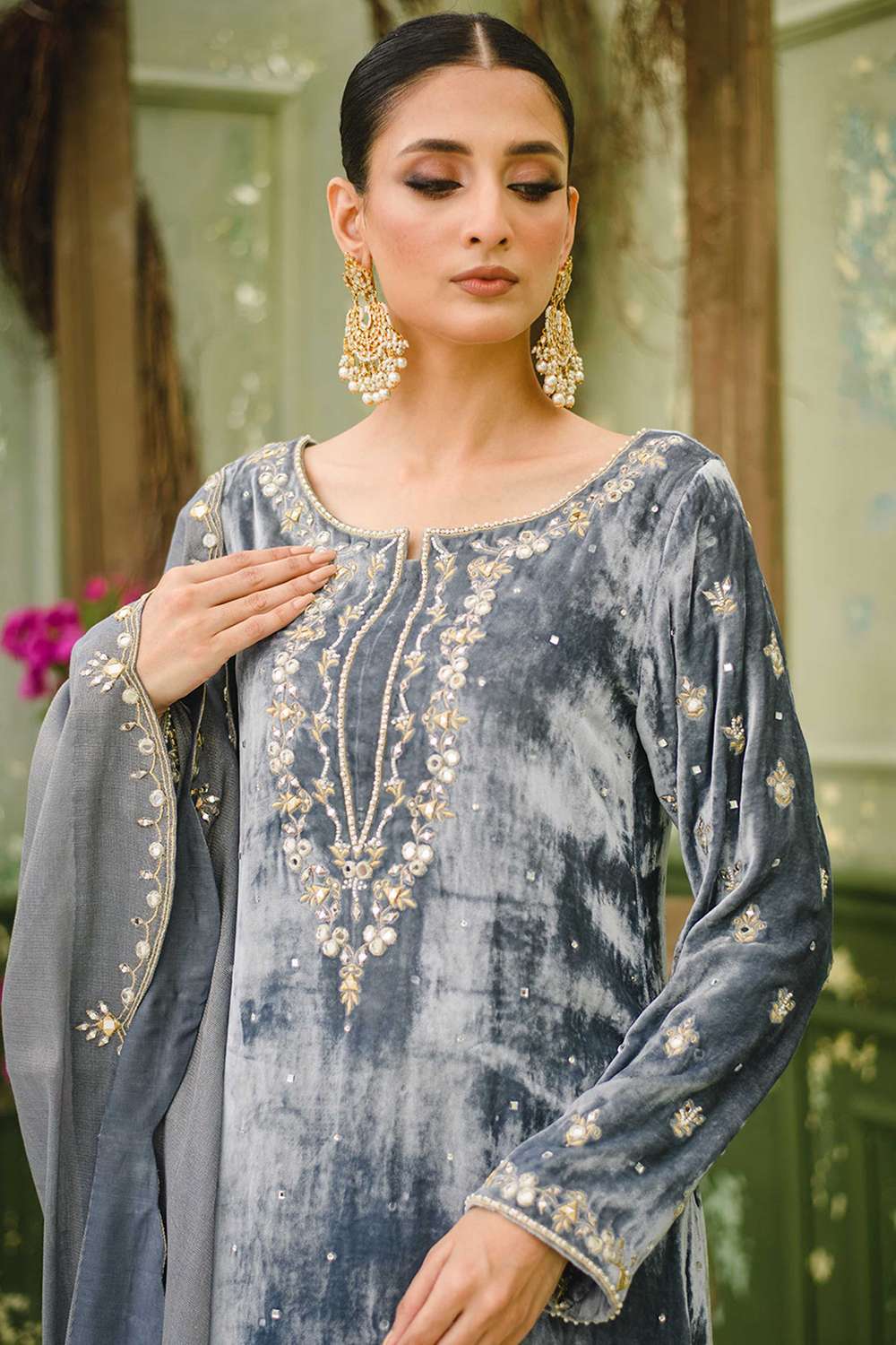 Dark Grey Velvet Mirror Embroidered Straight Cut Trouser Suit LSTV133454