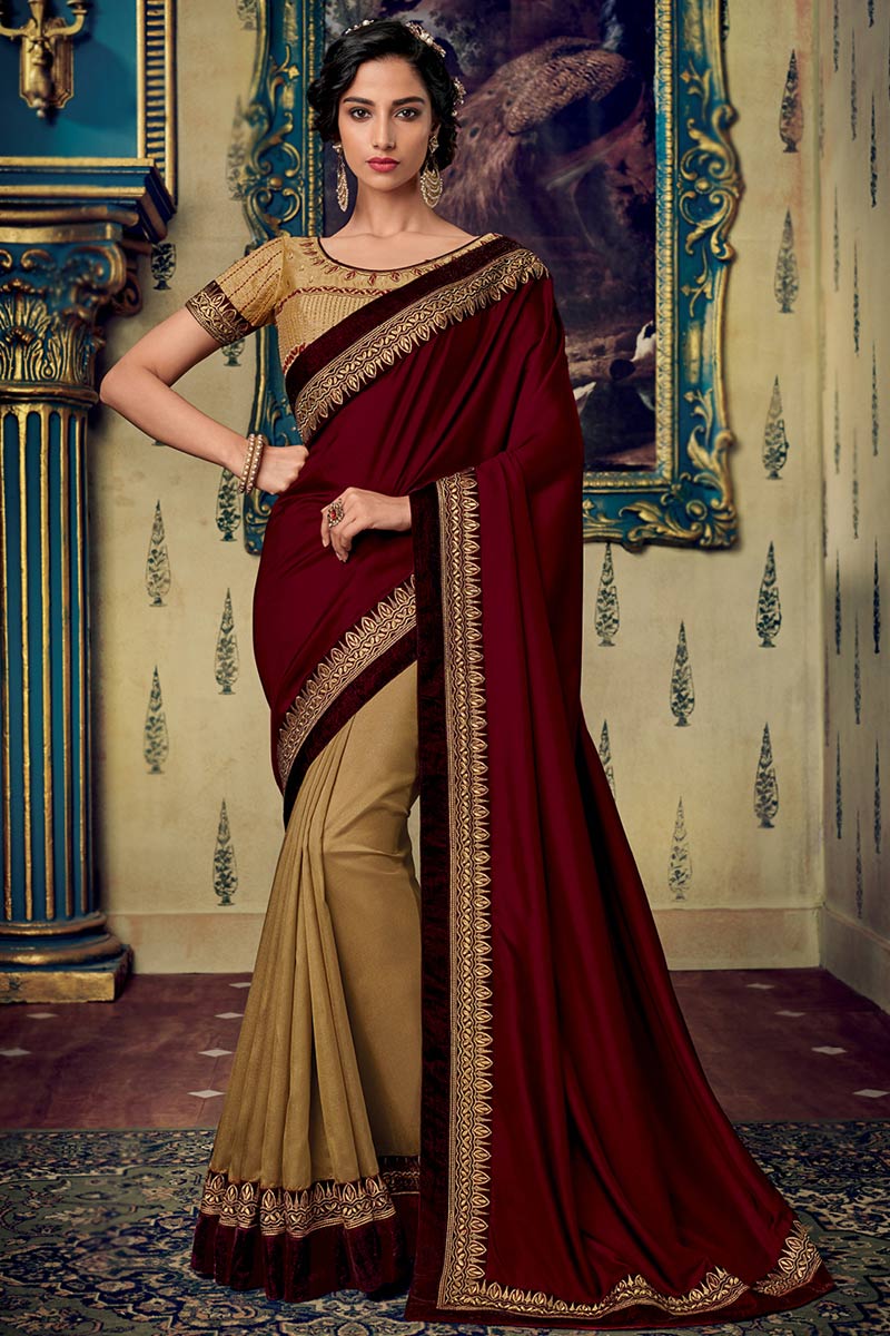 Wine Colour Saree Sari With Stitched Blouse Indian Designer Saree Ready To  Wear Indian Wedding Wear