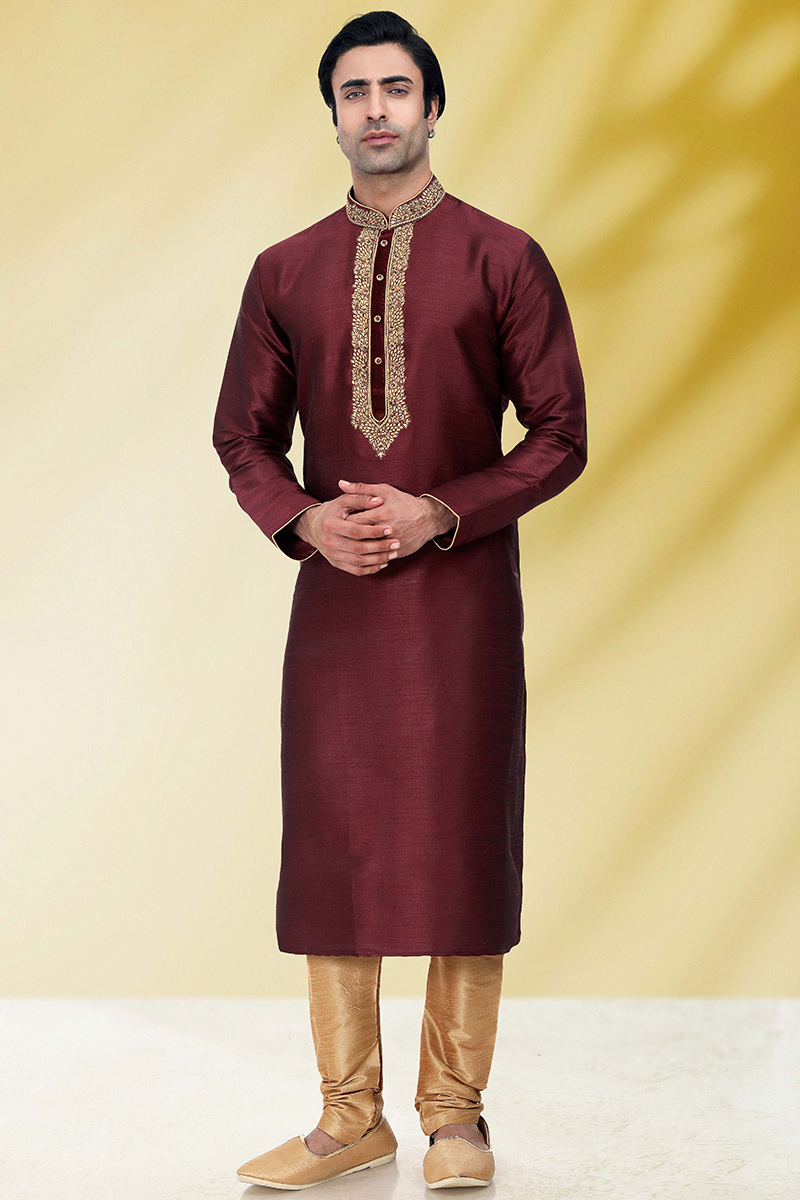 Women Fashion Clothes Resham Work Embroidered Dark Maroon Men Kurta Pajama MKPA02989