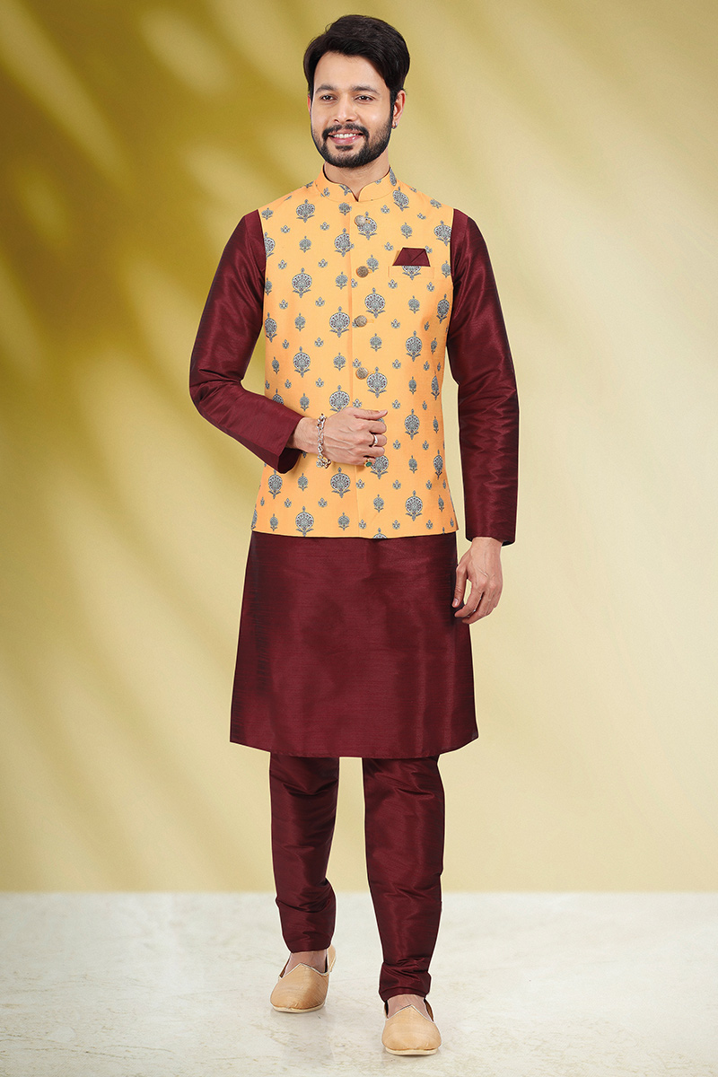 Designer Dark Maroon Art Silk Plain Men's Kurta Pajama With Waist