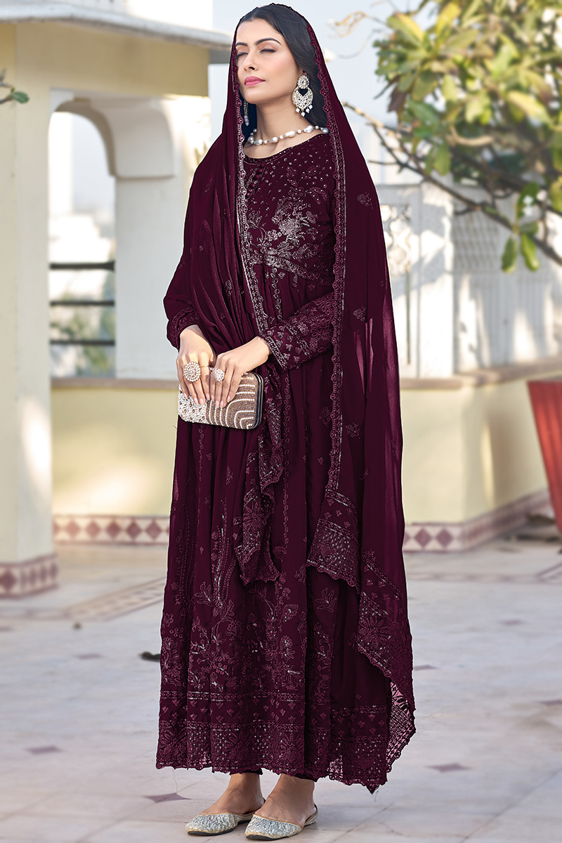 Dark Maroon Georgette Embroidered Anarkali Suit For Sangeet LSTV128761