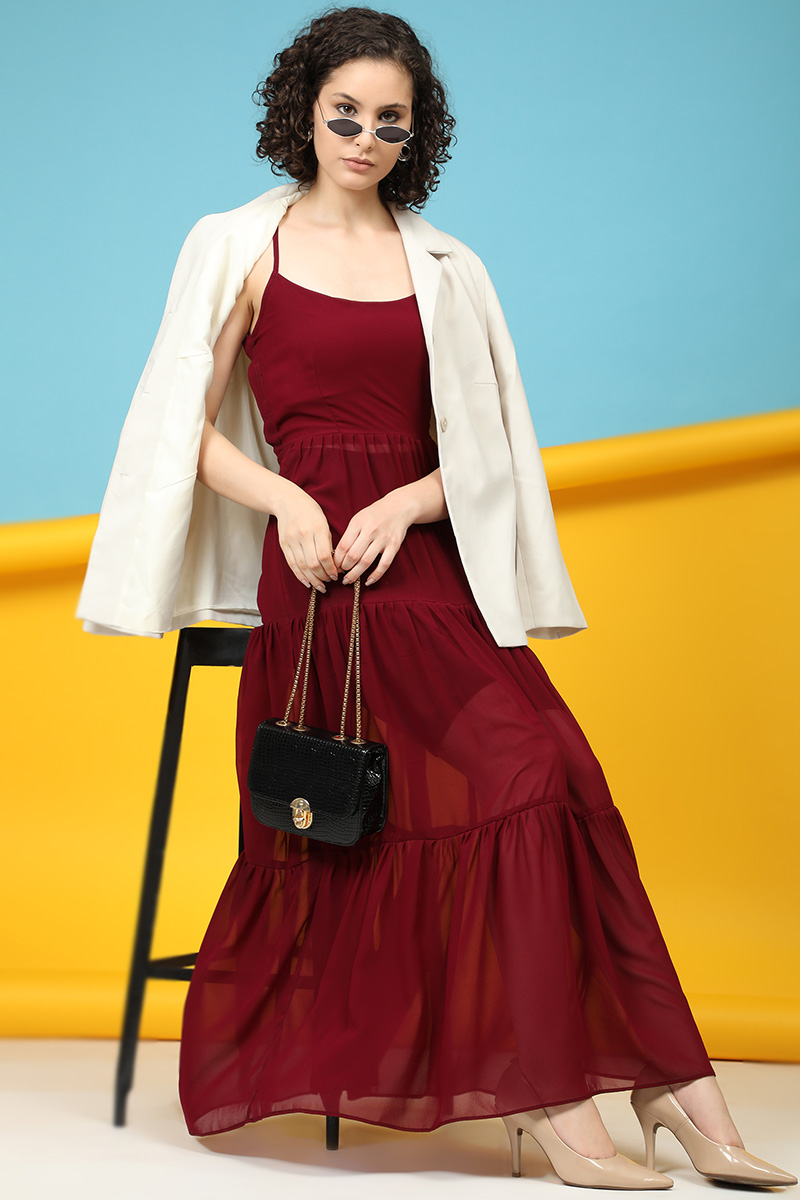 Dark Maroon Georgette Plain Frock Style Dress