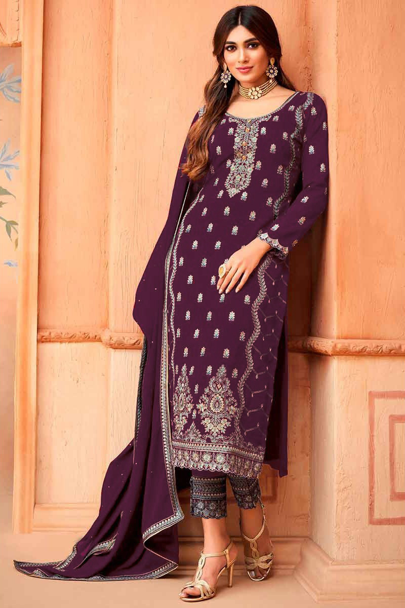 Andaaz Fashion Women's Plum Purple Georgette Straight Cut Trouser Suit
