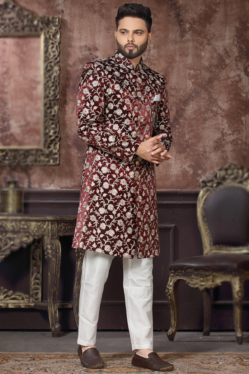 Dark Maroon Velvet Straight Cut Men's Sherwani