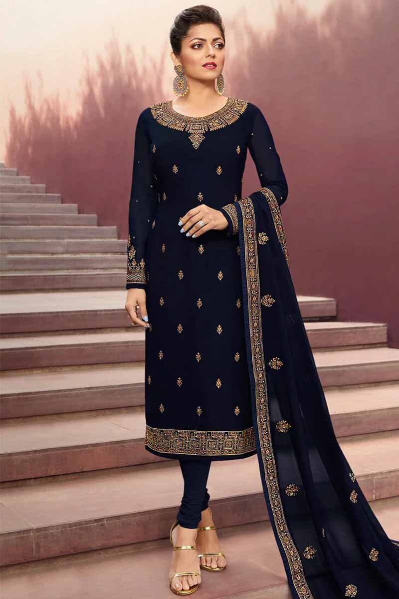 Buy Dark Navy Blue Churidar Suit With Resham Work Online LSTV03295 Andaaz Fashion