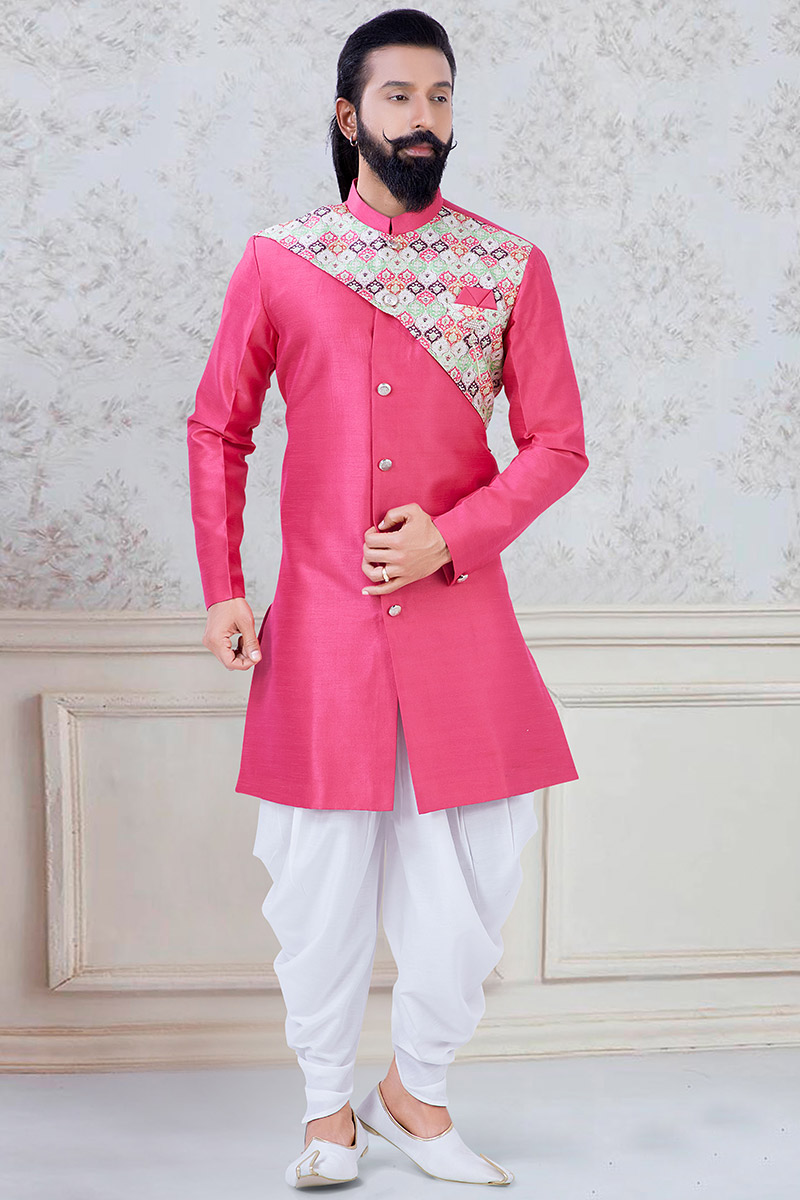 Fashion Guide Men Sherwani in Dark Pink Printed Fabric MSTV01240