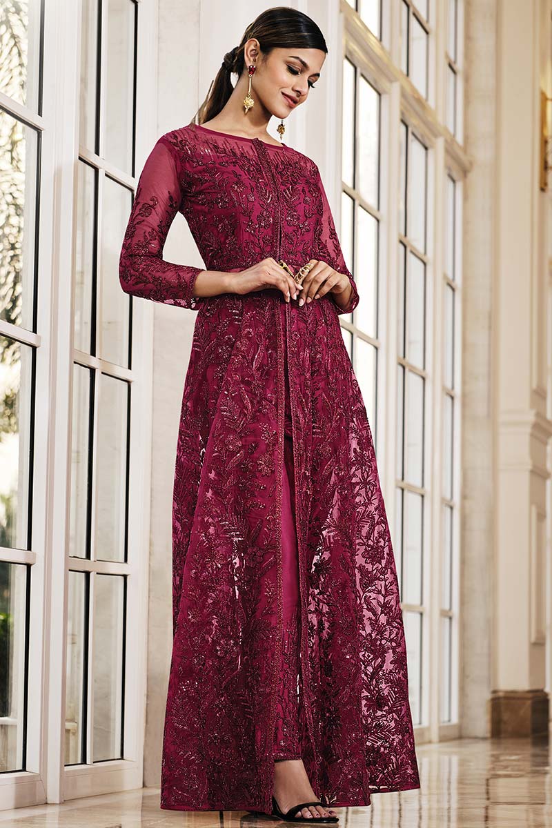 embroidered net dress Peacock Blue Heavy Sequins Embroidered Net Gown with Dupatta main image 1