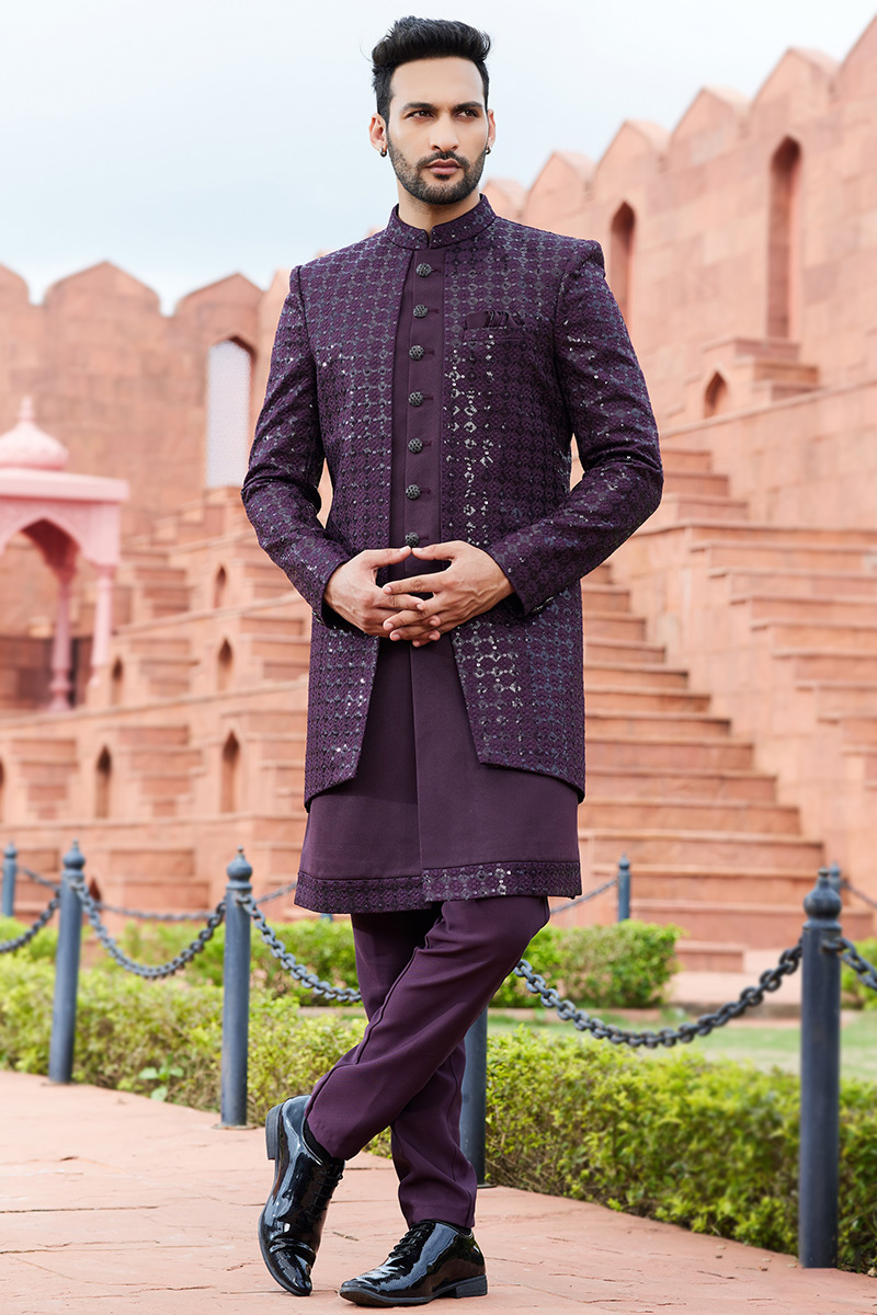 Dark Purple Art Silk Embroidered Jacket Style Men's Sherwani MSTV03254