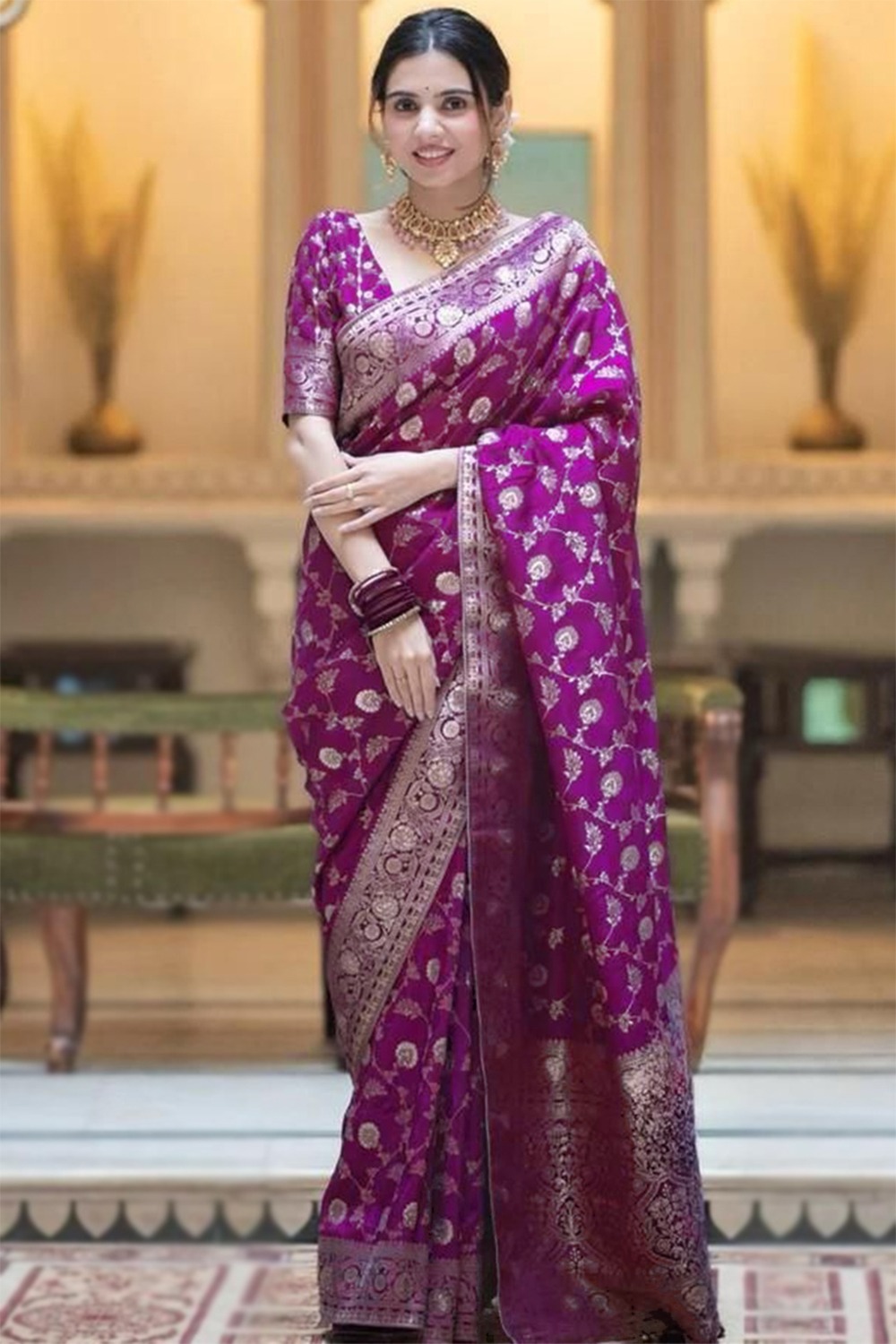 Violet Purple Banarasi Style Woven Zari Silk Saree SARV173881