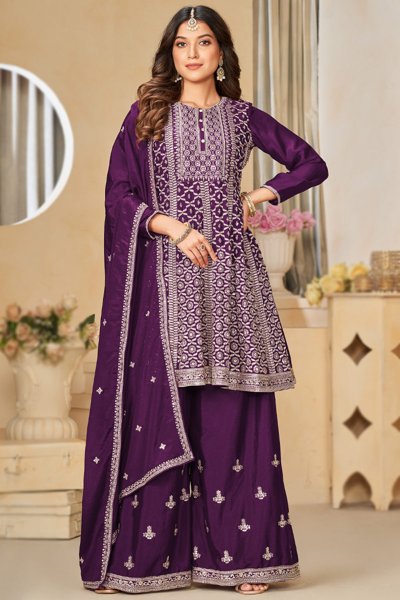 Dark Purple Chinnon Embroidered Frock Style Palazzo Suit LSTV128745