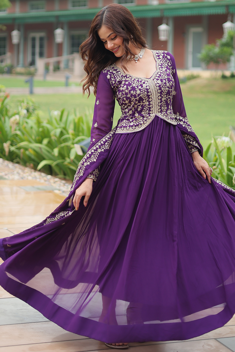 Andaaz Fashion Women's Elegant Dark Purple Georgette A-Line Ready Made Gown with Resham & Sequins Andaaz Fashion Women's Elegant Dark Purple Georgette A-Line Ready Made Gown with Resham & Sequins