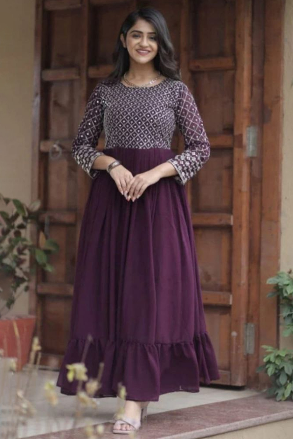 Dark Purple Georgette Embroidered Light Weight Gown LSTV133618 Dark Purple Georgette Embroidered Light Weight Gown LSTV133618