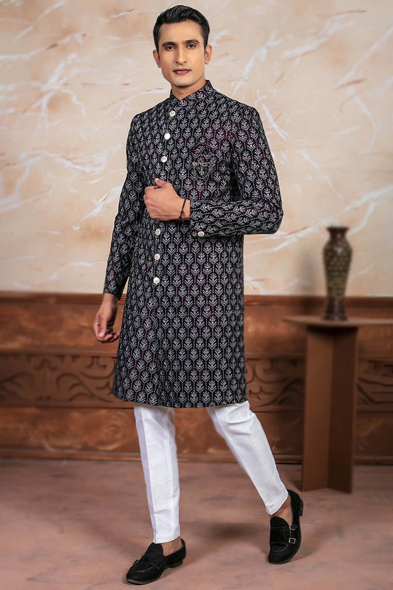 Dark Purple Velvet Embroidered Wedding Wear Men s Sherwani MSTV03829