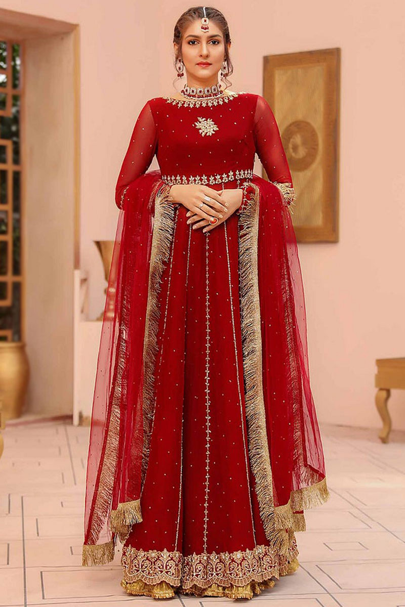 Deep Red Chiffon Embroidered Pakistani Bridal Anarkali Suit