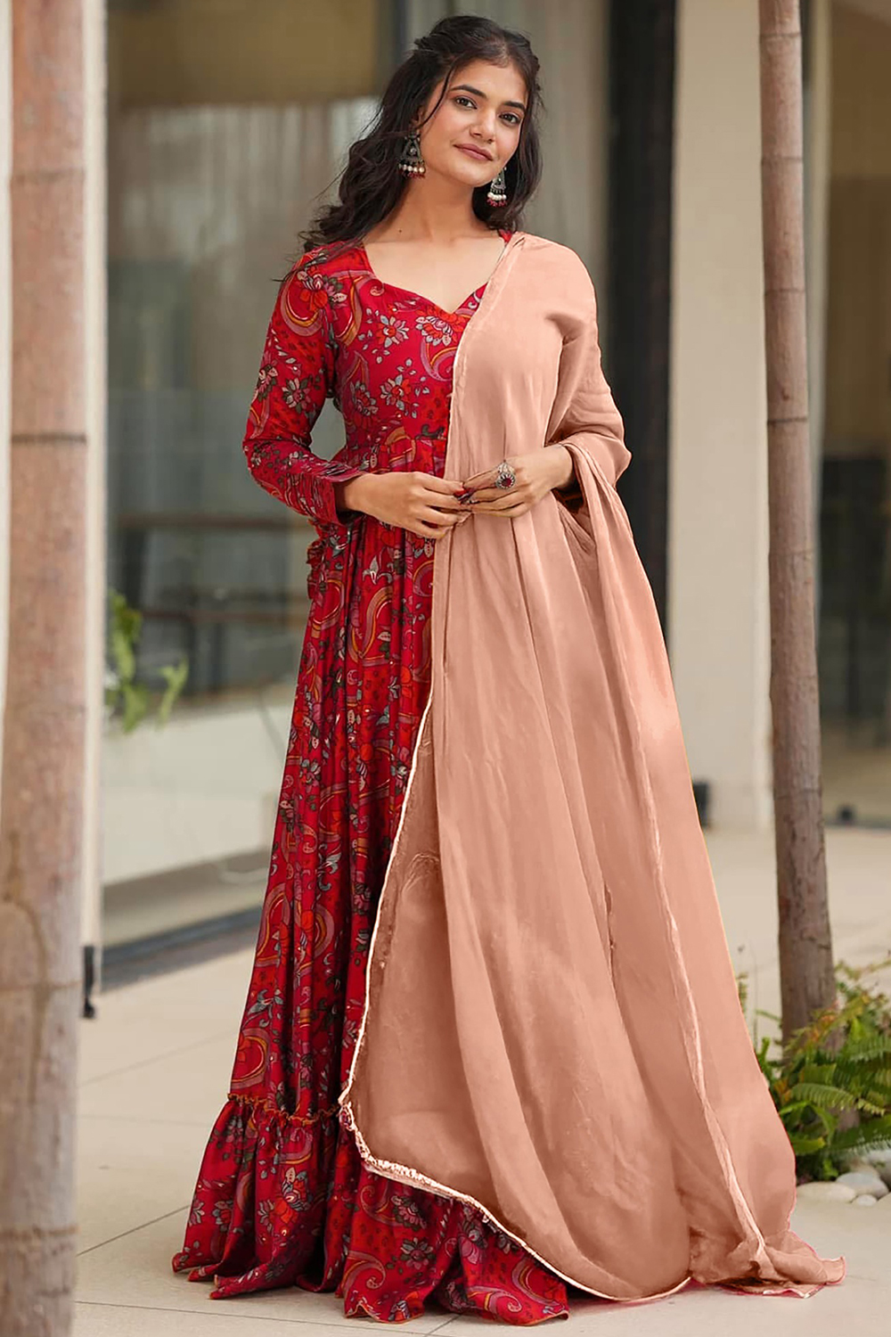 Deep Red Georgette Anarkali Suit with Printed Work LSTV137429