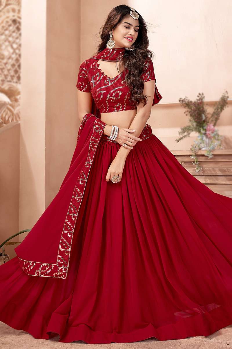 Deep Red GeorgetteEmbroidered Lehenga