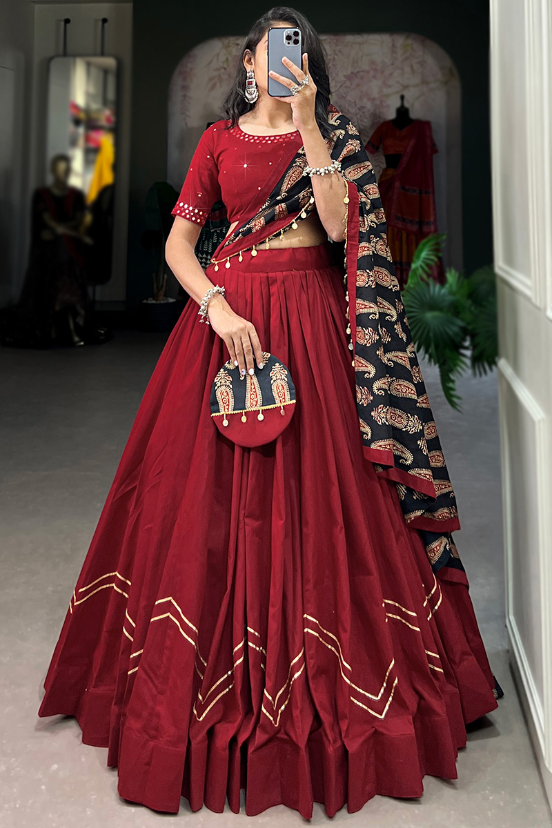 Deep Red Gota Patti Embroidered Cotton Flared Style Lehenga LLCV119219