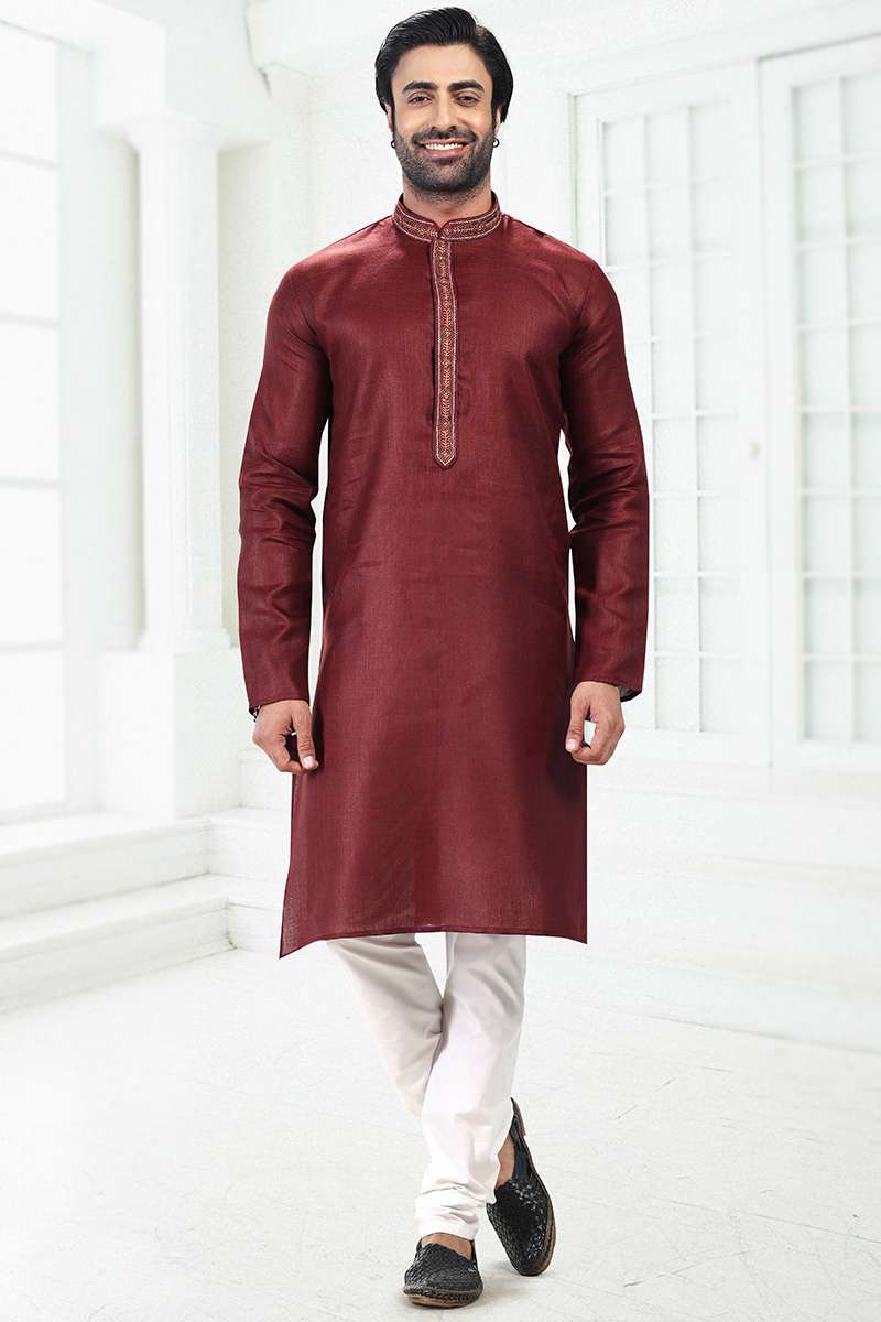 Deep Red Linen Cotton Men's Kurta
