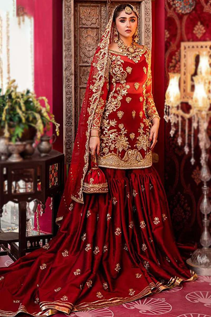 Deep Red Net Straight Cut Sharara Bridal Salwar Kameez