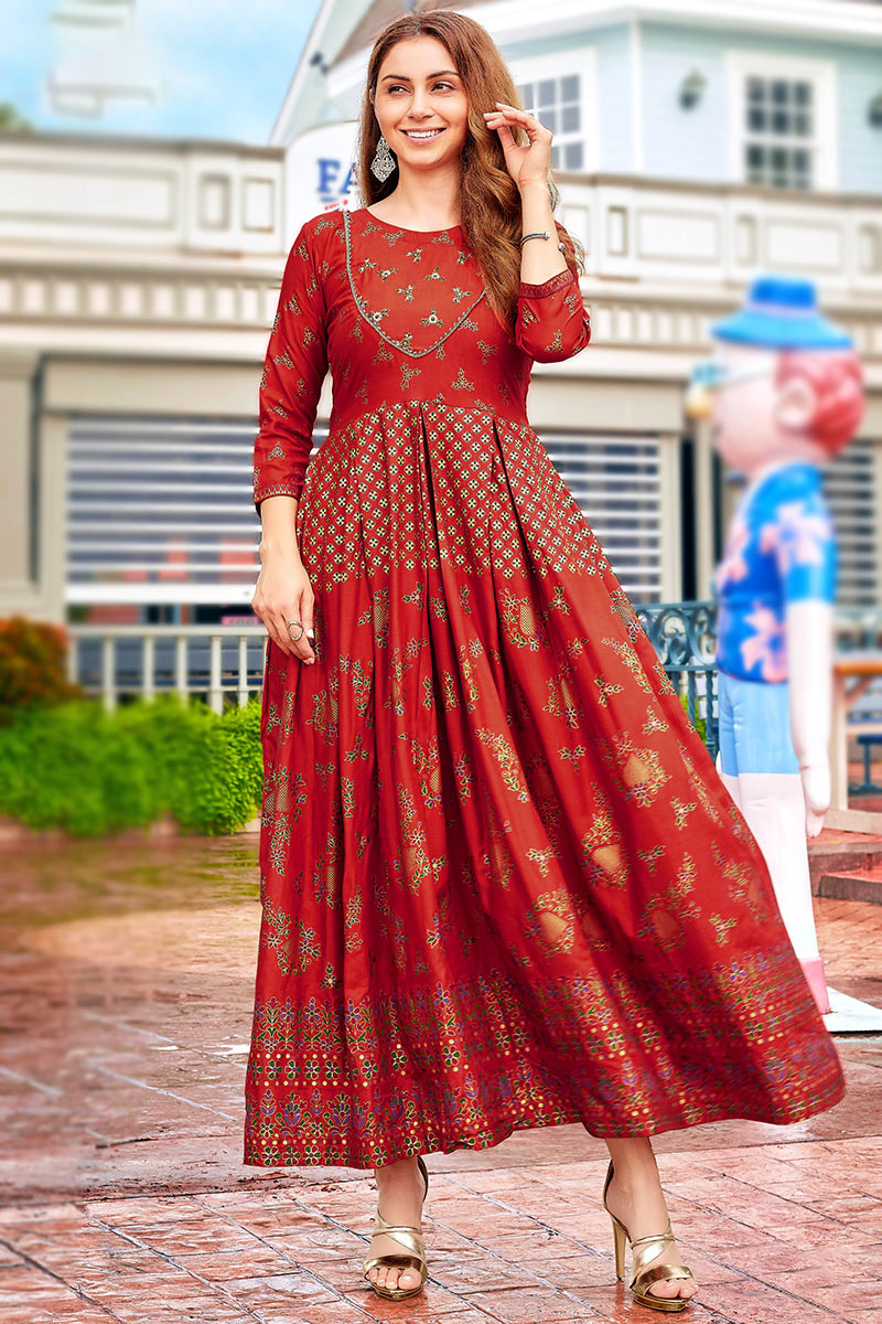Deep Red Rayon Frock Style Printed Kurti