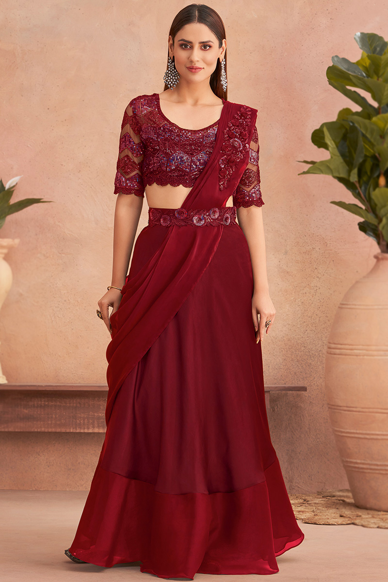 Deep Red Satin Silk Embroidered Lehenga Style Saree