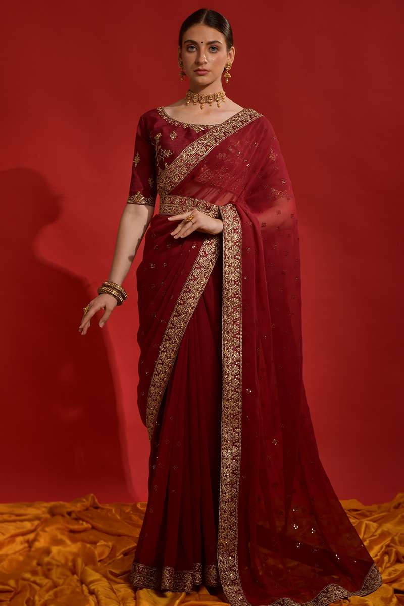 Deep Red Sequins Embroidered Georgette Saree For Sangeet