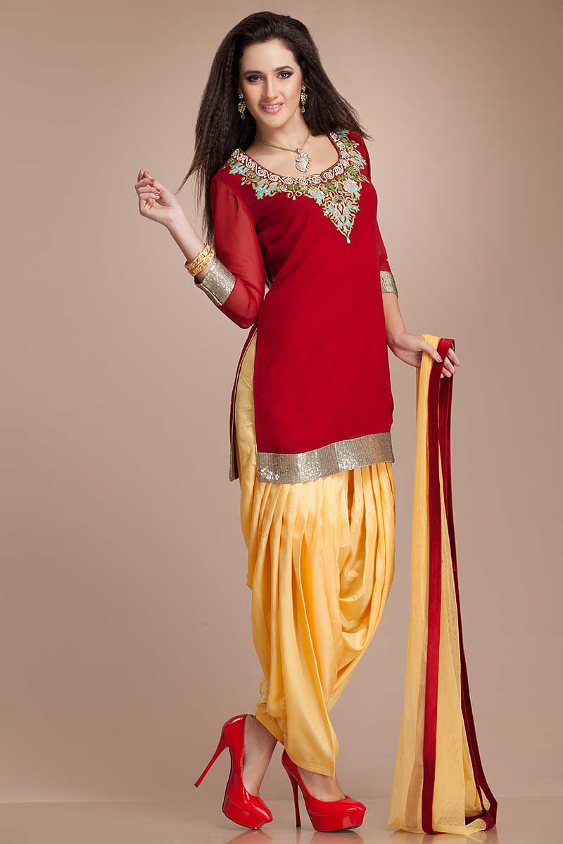 Red and Mustard Color Patiala Salwar Suits - 1391