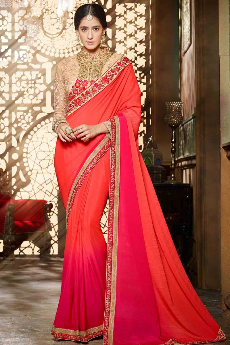 zari saree polish home to how at Pink With Net Chinese And Collar Chiffon Saree Sale Orange