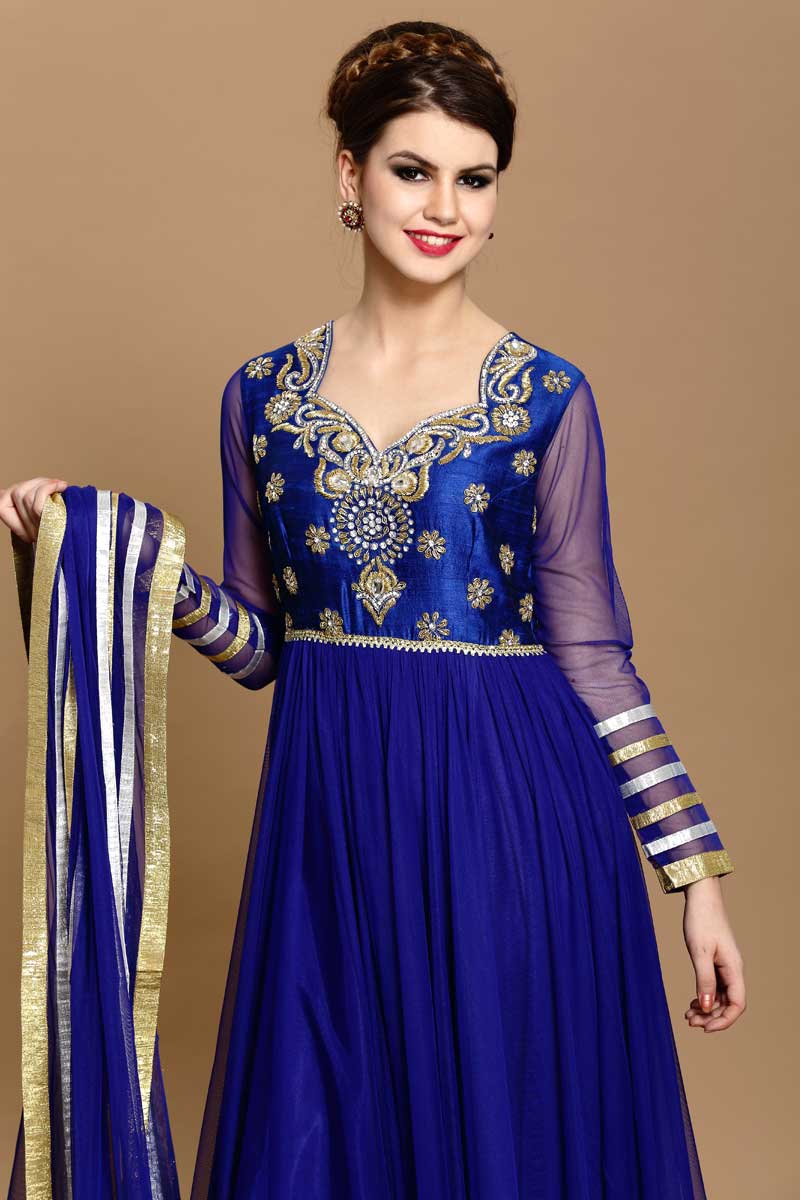 Royal Blue Polyester churidar suits Designer Salwar Kameez with dupion ...