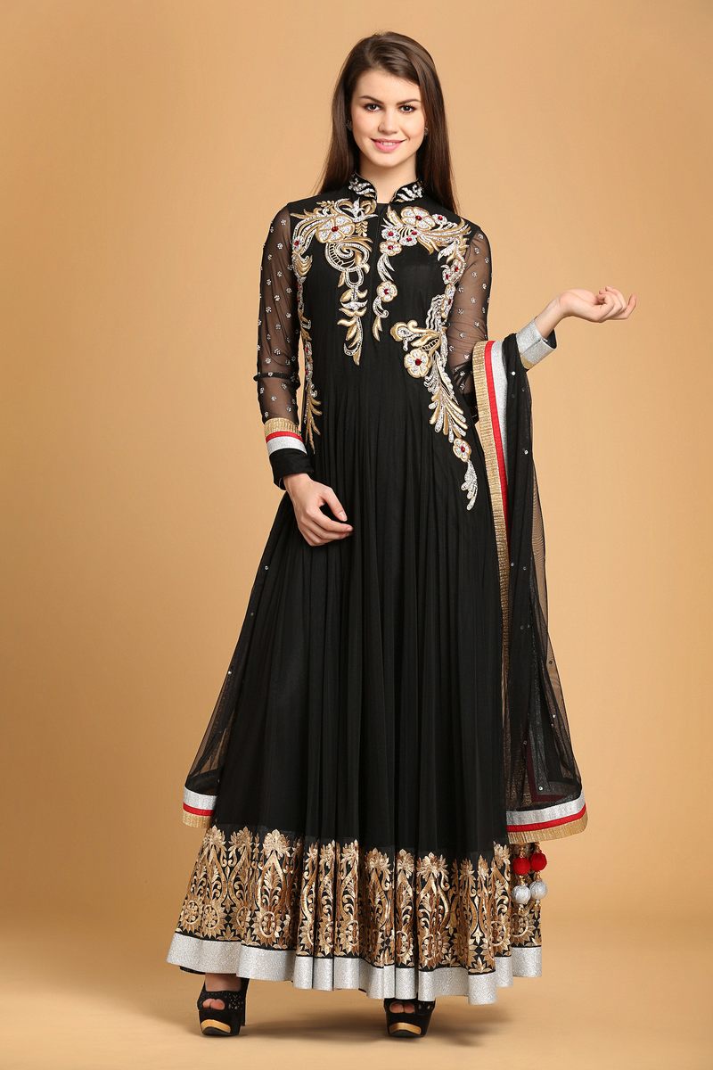 Black Anarkali Churidar Suit, Floor Length Kameez Online