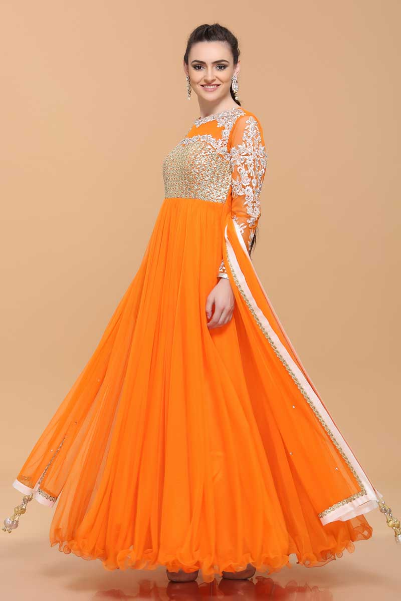 Stylish Orange Net Designer Anarkali Suit, Indian Long Party Dresses