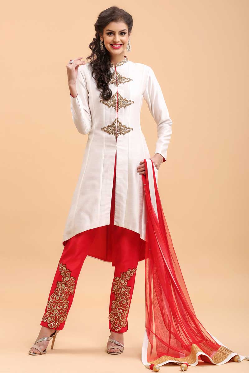Discount online, Trouser dupion indian suit, White embroidered punjabi