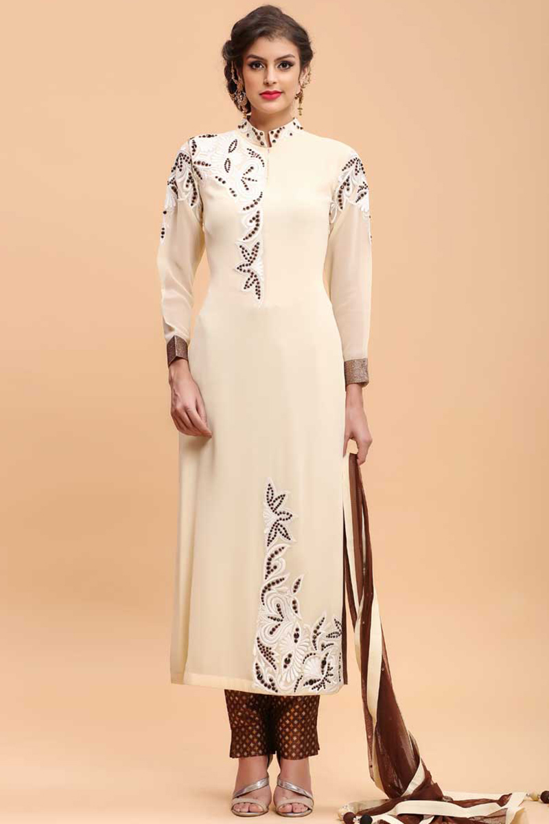 Buy Cream Georgette Trouser Suit Online - 1688 | Andaaz Fashion