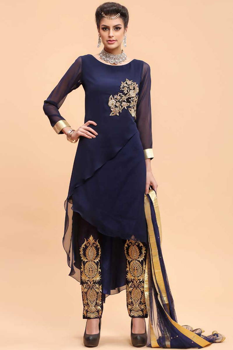 Looking for latest, Navy Georgette Straight Suit Pant - 1691
