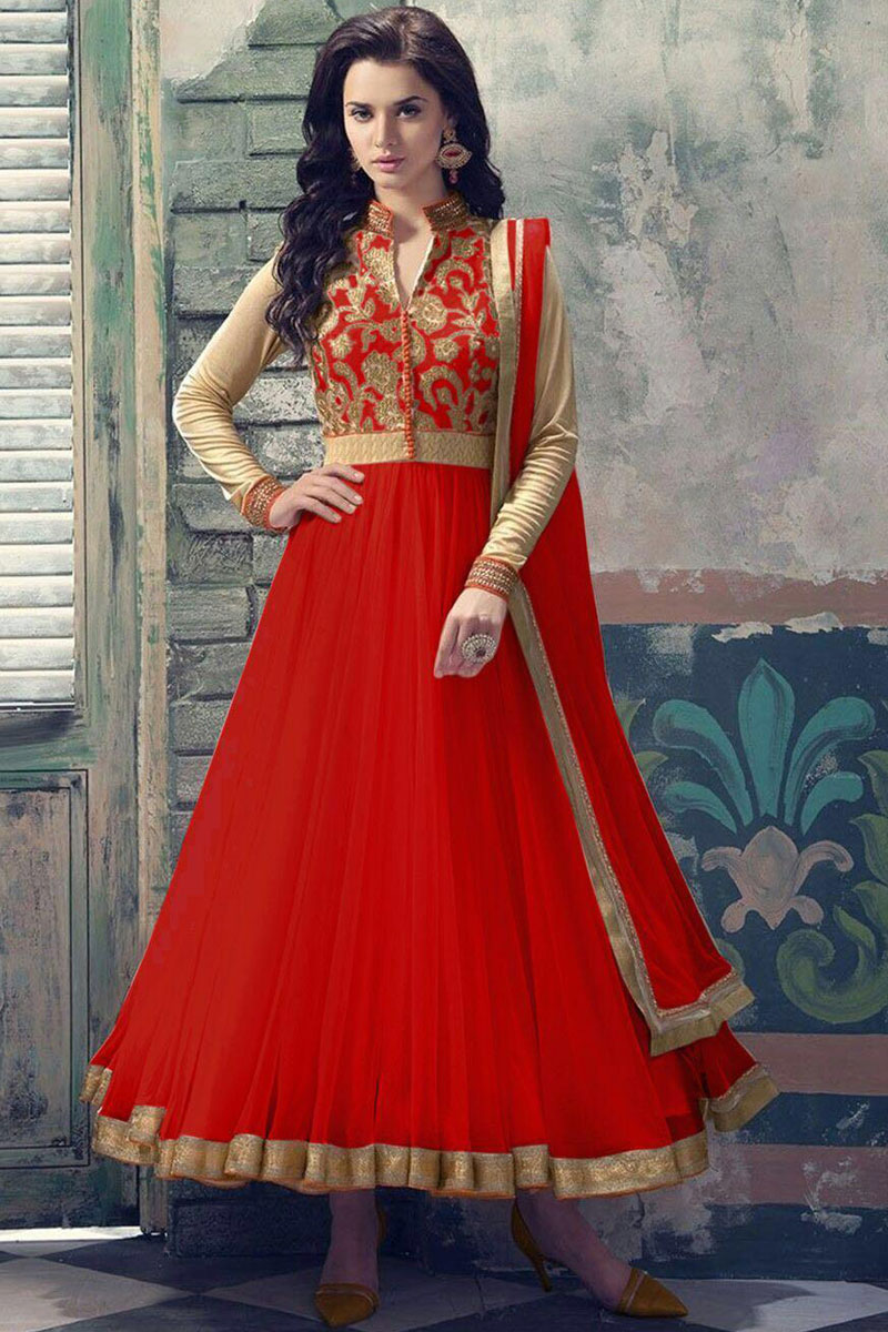 Buy Red Soft Net Anarkali churidar suit Online 1708-a Andaaz