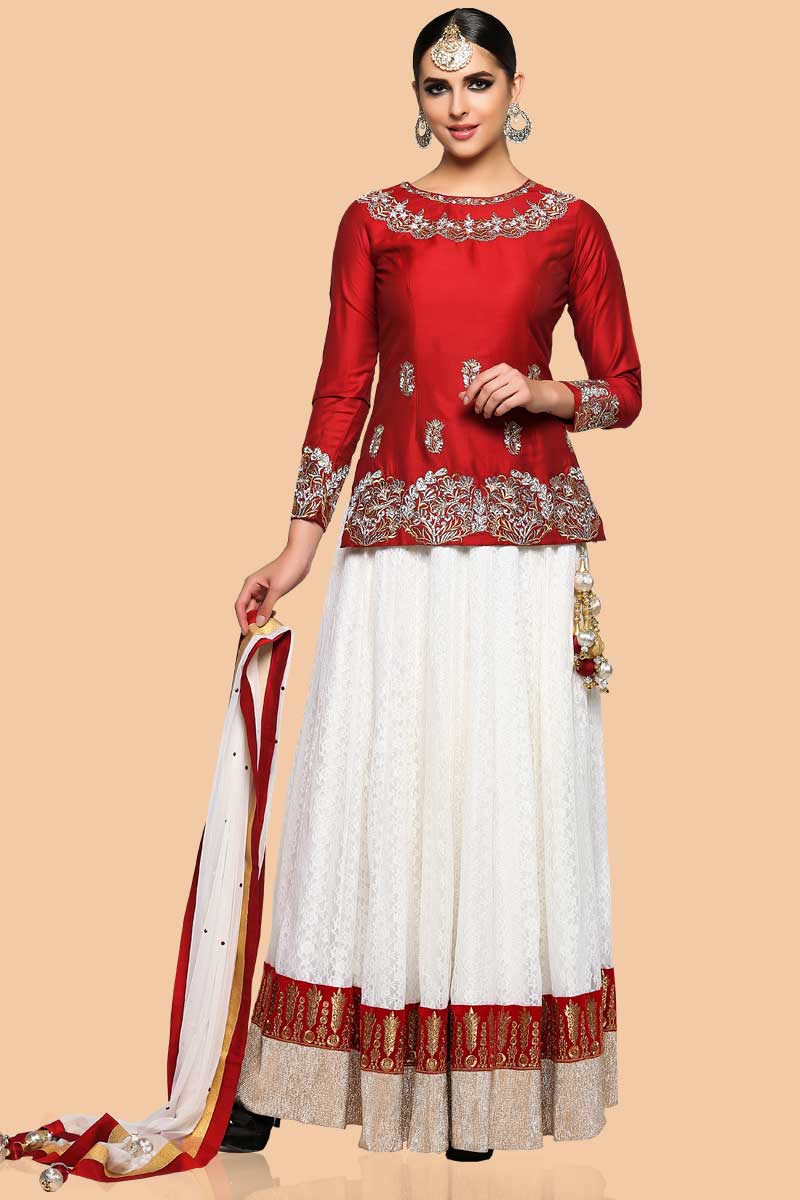 Maroon And Cream Net Lehenga With Silk Choli