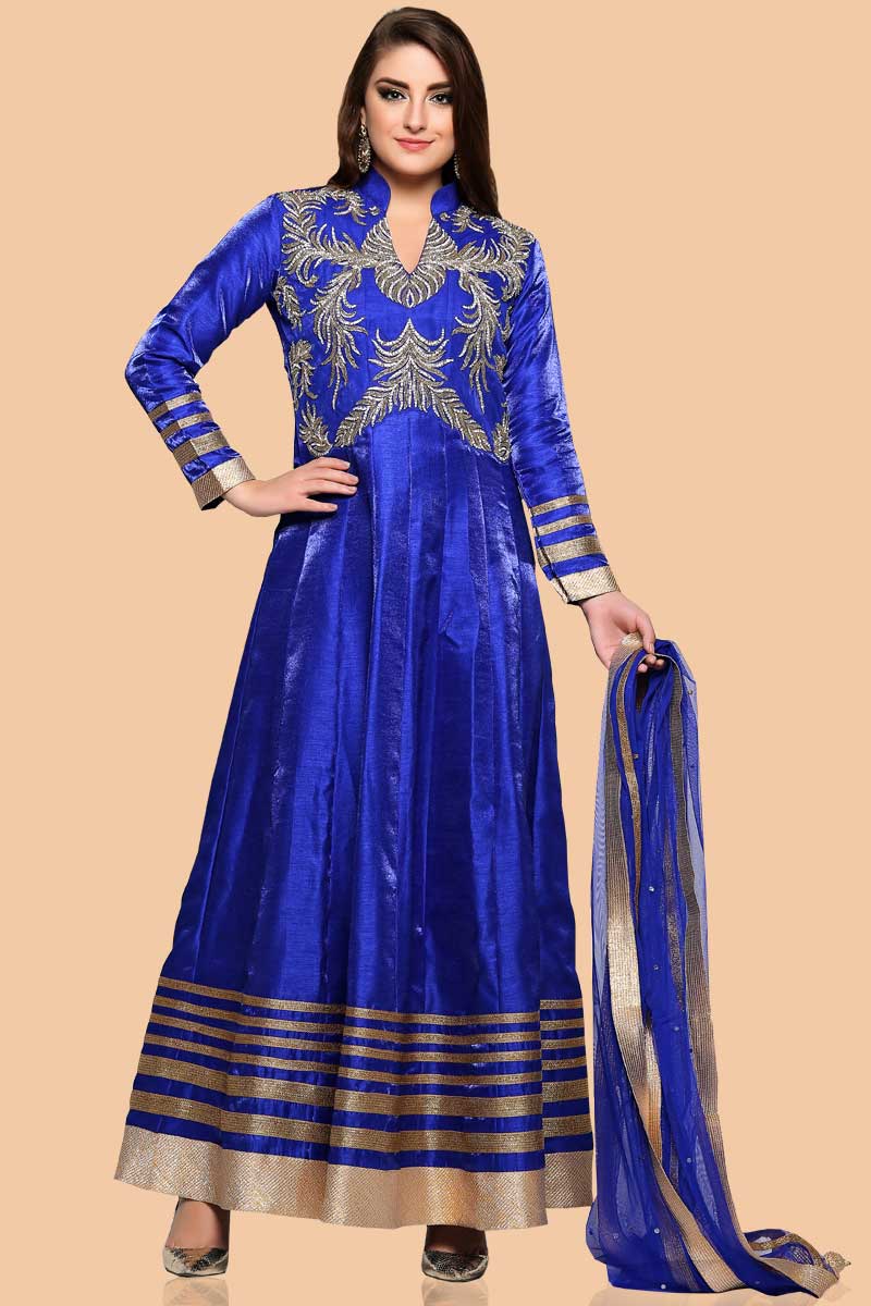 Buy Blue Dupion Silk Anarkali Churidar Suit With Dupatta Online