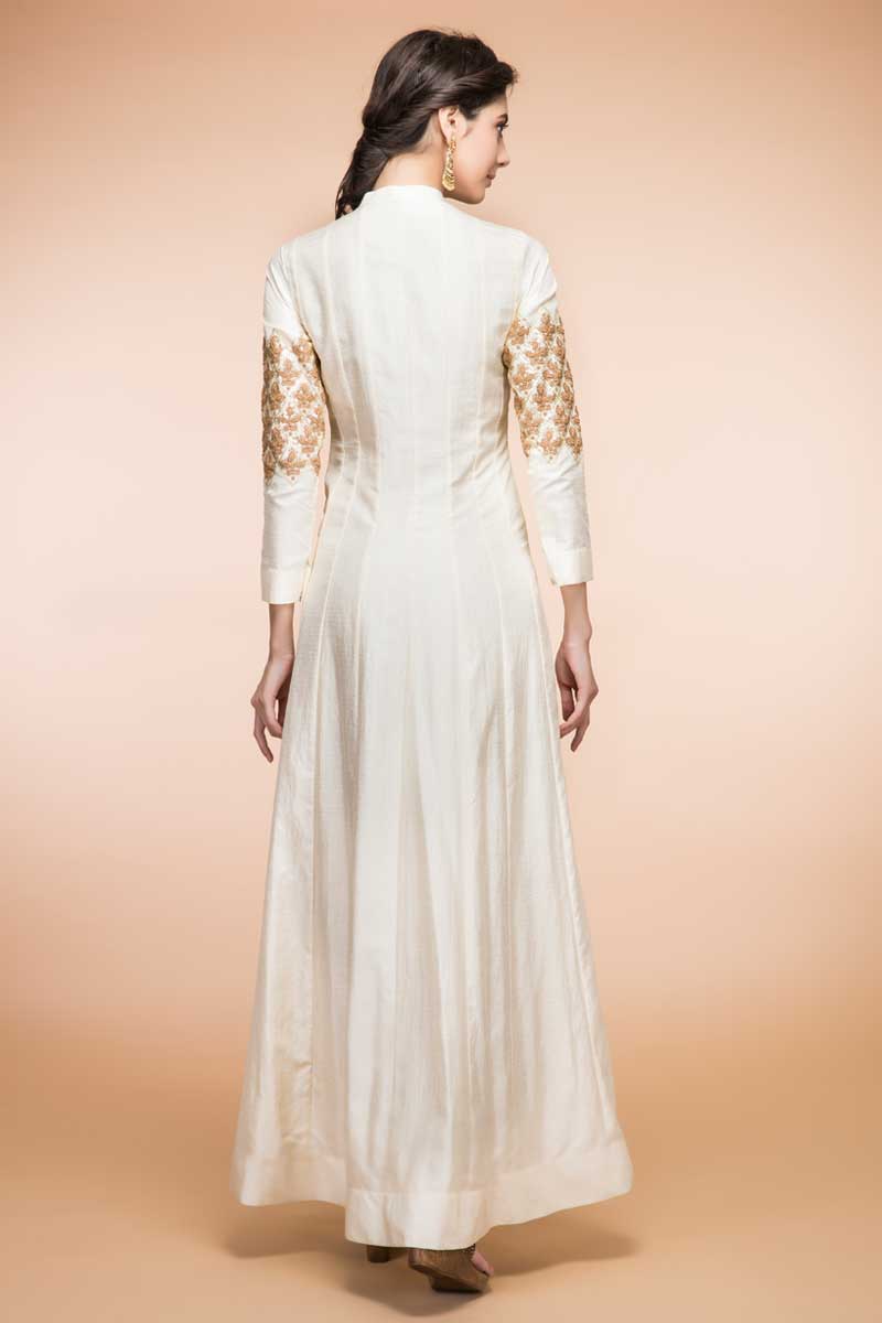 Anarkali churidar silk cheap indian suits, Cream resham embroidered