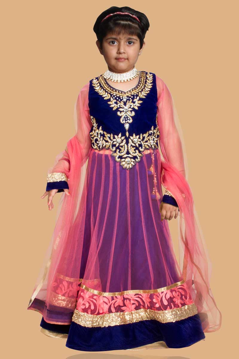 Blue With Pink Velvet Lehenga Choli