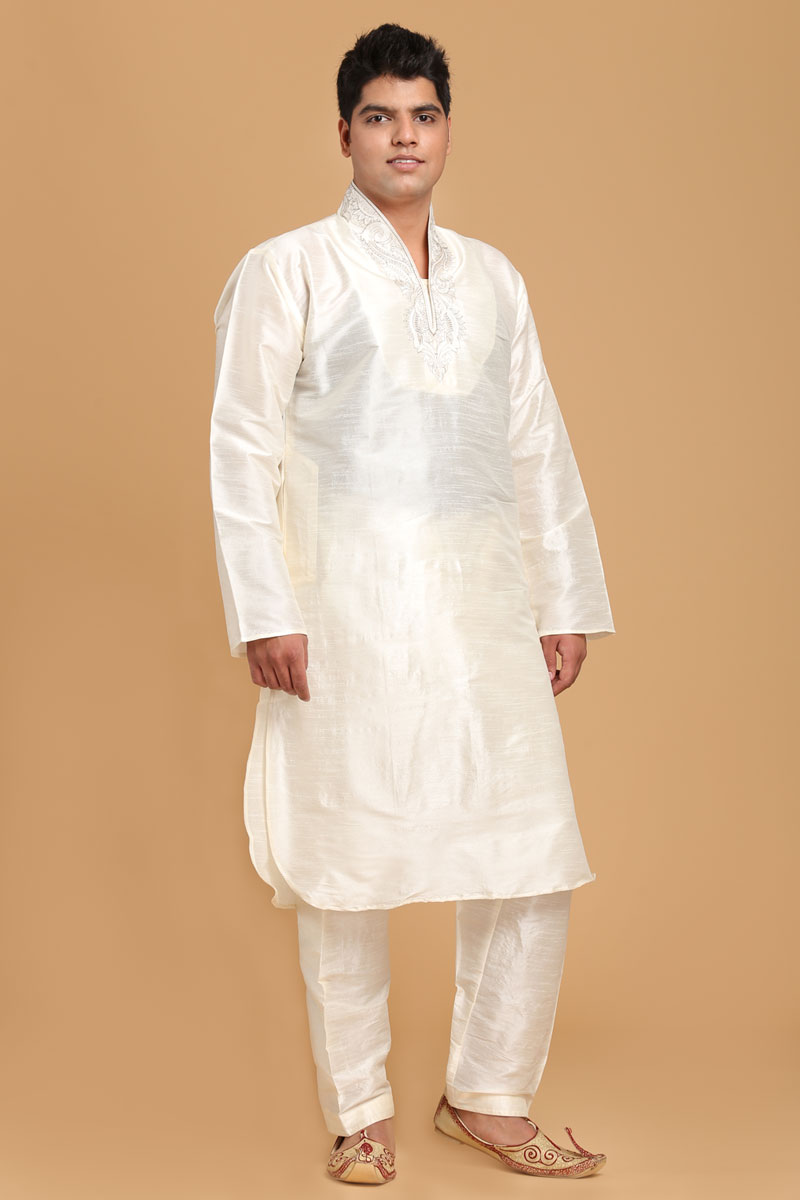 Buy Chinese Collar Kameez Off White Pathani Suit Online for Eid at