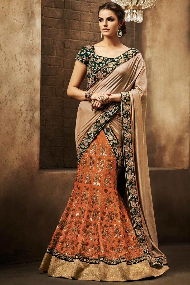 Beige And Orange Art Silk Saree With Art Silk Blouse