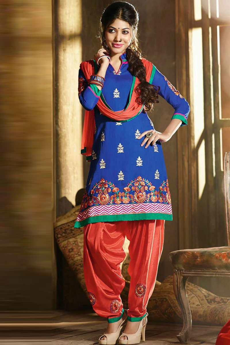 Blue Cotton Silk Churidar Suit and Orange Dupatta, Quarter Sleeve ...