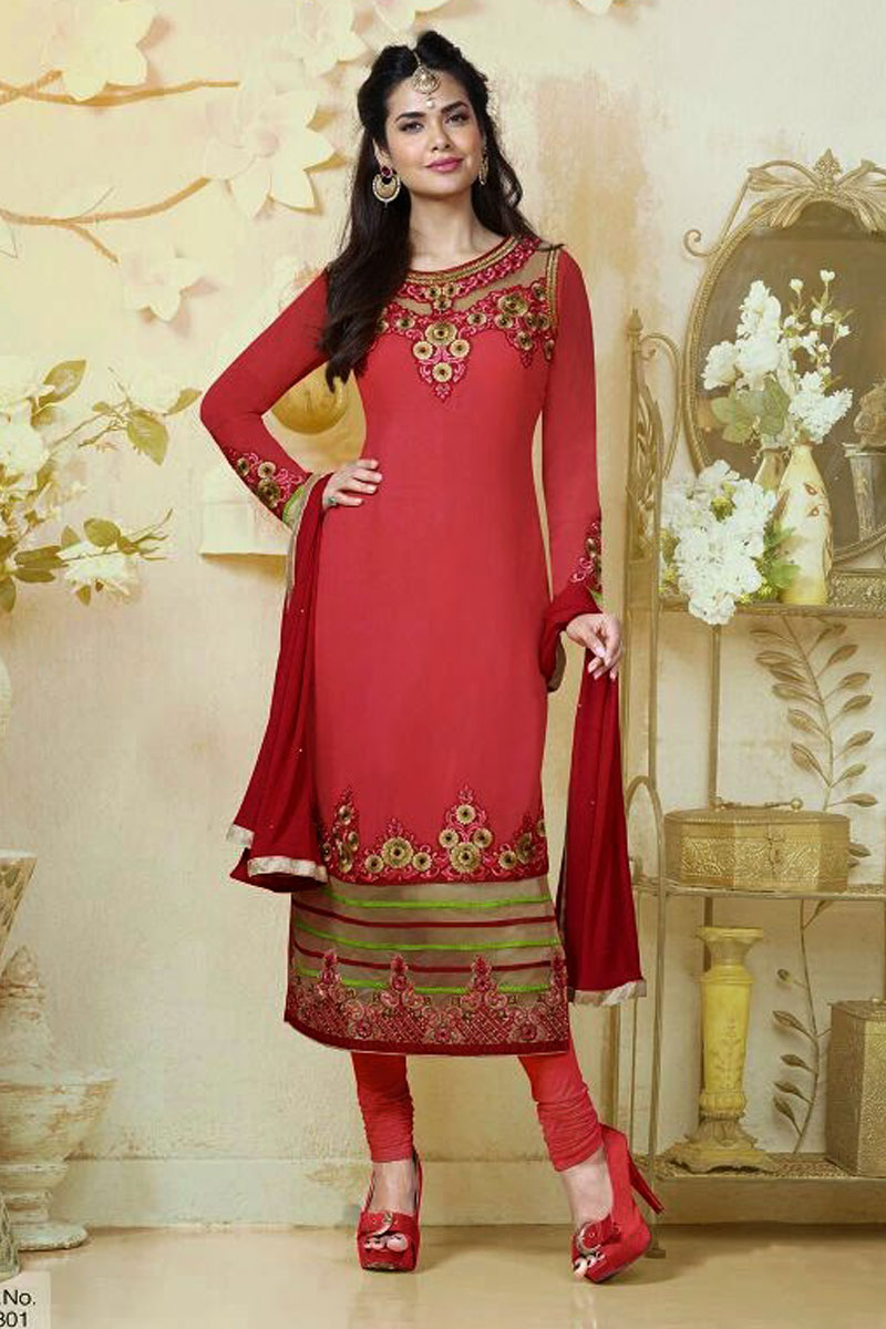 Gold Red Georgette Churidar Suit with Red Dupatta, Full Sleeve Kameez ...