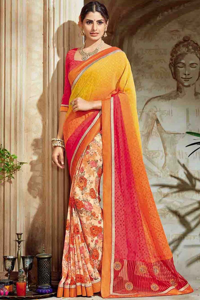 home zari at polish how to saree Brasso Orange Saree Pink Cream Range And Georgette And