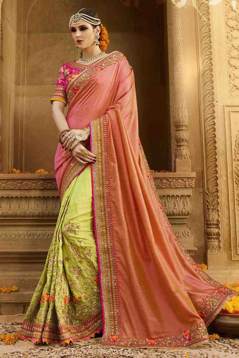 Exclusive Orange Shaded Saree outlets Satin Silk Embroidered Blouse Saree Designer Women Party Wear Saree