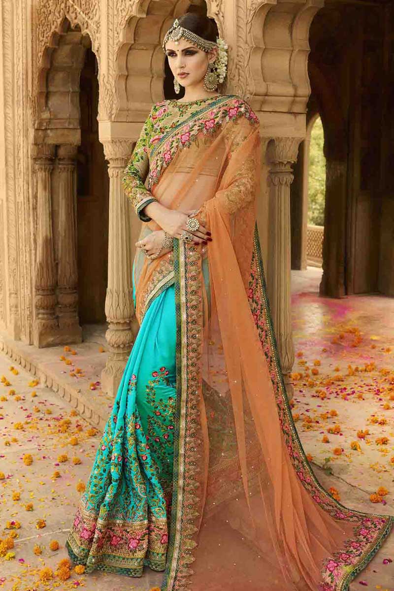 sky blue saree with orange blouse