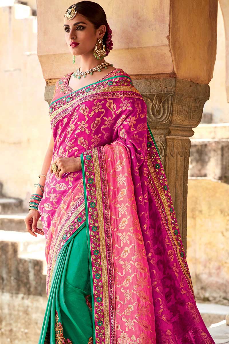 Shaded Pink And Aqua Green Jacquard And Silk Saree With Tusser Art Silk ...