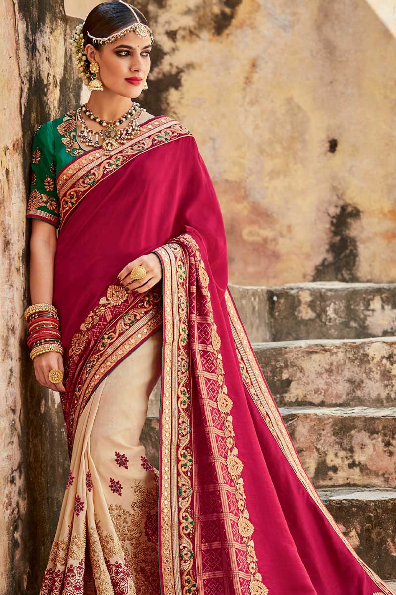 Red And Beige Jacquard And Silk Saree With Tusser Art Silk Blouse ...